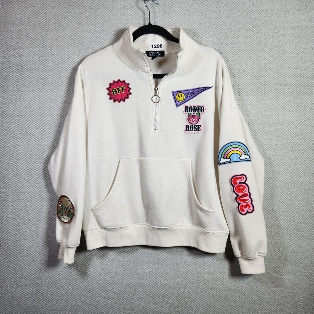 Vinyl Icons Cream Womens S Half Zip Sweatshirt With Decrotive Patches - Picture 1 of 12